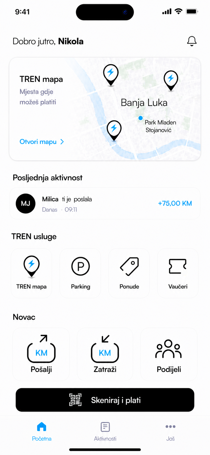 TREN početni ekran sa akcijama Pošalji, Zatraži i Podijeli